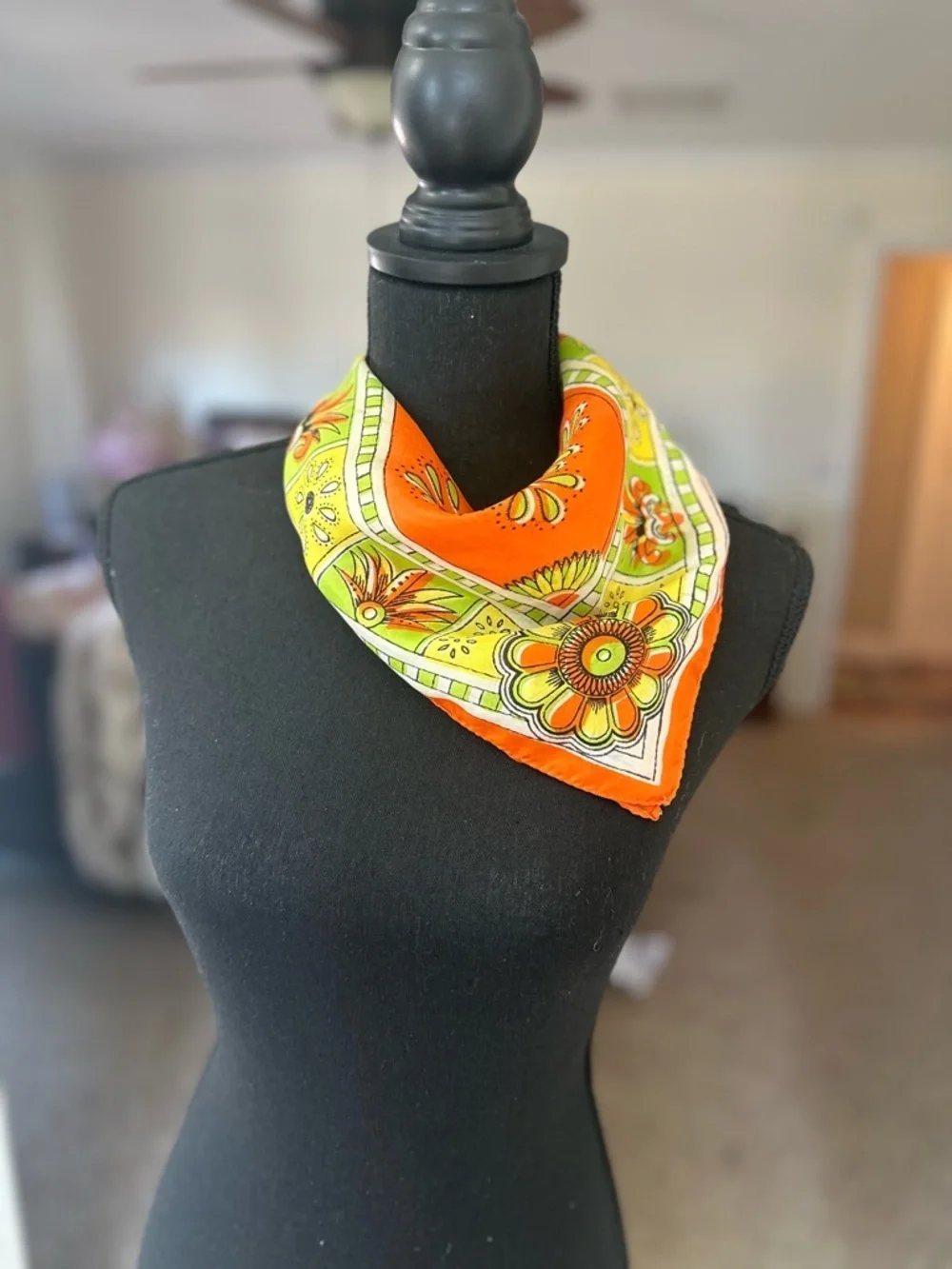 Floral Orange & Lime Square Scarf - Stylish Pure Silk Women’s Neck Wrap